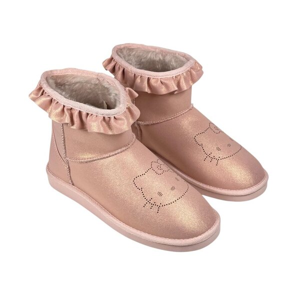 NWT Hello Kitty Sanrio Boots Sz.9 Pink Metallic Faux Fur Lining Ruffle Logo Y2K - Picture 3 of 11